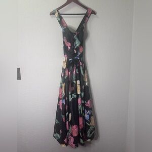 Beautiful Vintage Black Floral Maxi Dress with tulips and Iris‘s.